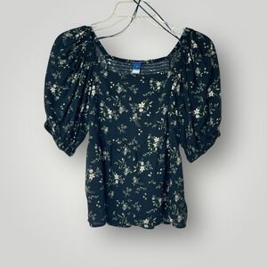Old Navy Black Floral Puffed Sleeve Elastic Bodice Womens XS Waist Length top